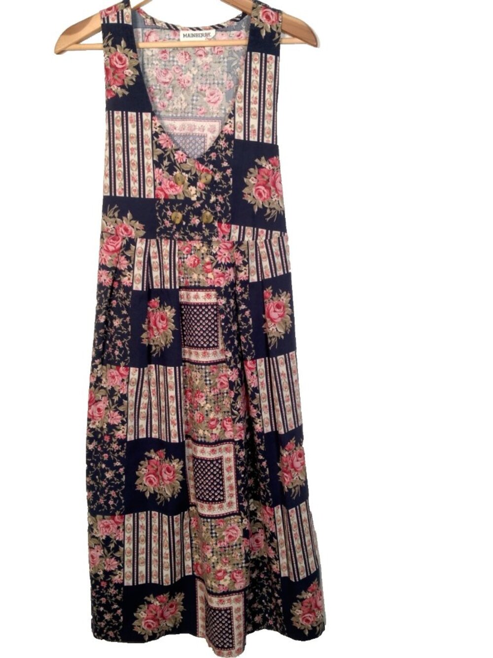 Vitage Mainberry Dress Small Blue Pink Rose Floral Patchwork Print Cottagecore